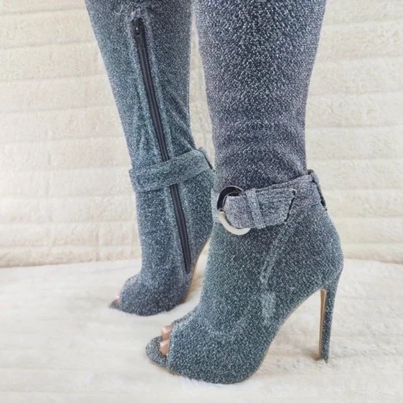 Glamour Chic Silver Metallic Thread Stretch Over The Knee 4" High Heel Boots - Picture 3 of 6